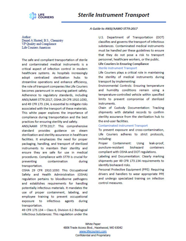 Sterile Instrument Transport White Paper - Life Couriers